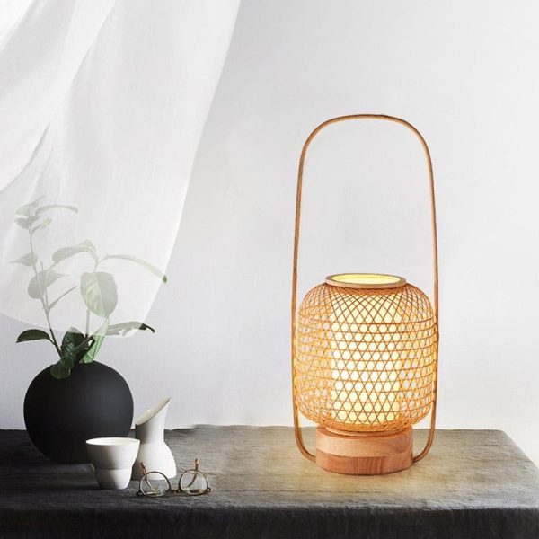 Rustic Woven Bamboo Table Lamp with Cylinder LED Light & USB Port - Image 4