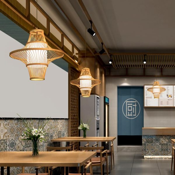 Two Cones Burlywood Colored Farmhouse Pendant Lighting Bamboo Pendant Light - Image 2