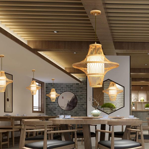 Two Cones Burlywood Colored Farmhouse Pendant Lighting Bamboo Pendant Light - Image 3