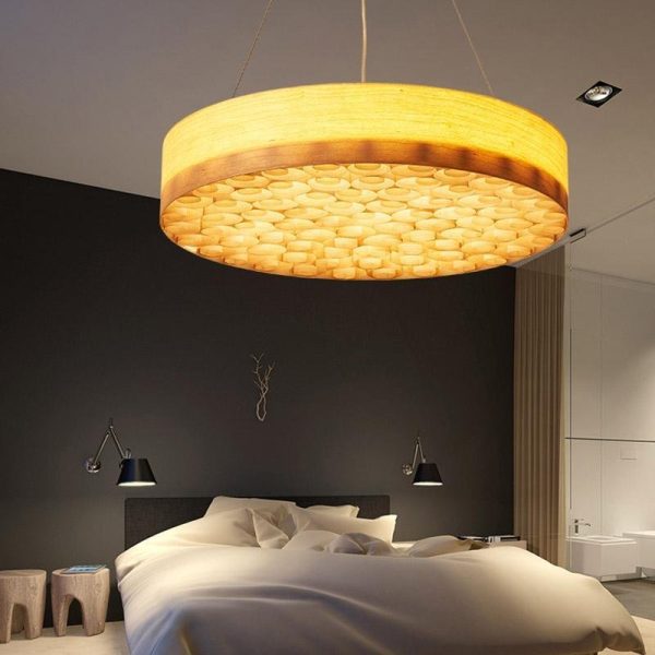 24'' Large Burlywood Drum Light Pendant Wood Living Room Pendant Lighting - Image 3