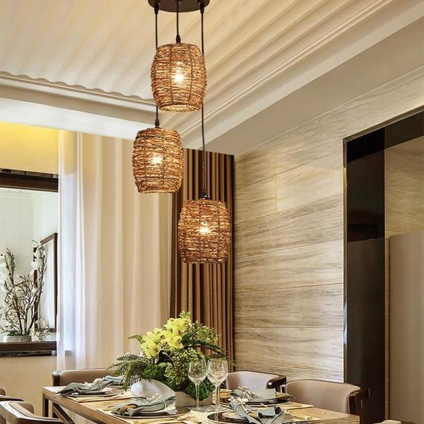 3 Piece Set of Transparent Burlywood Wicker Pendant Light Living Room Light - Image 3