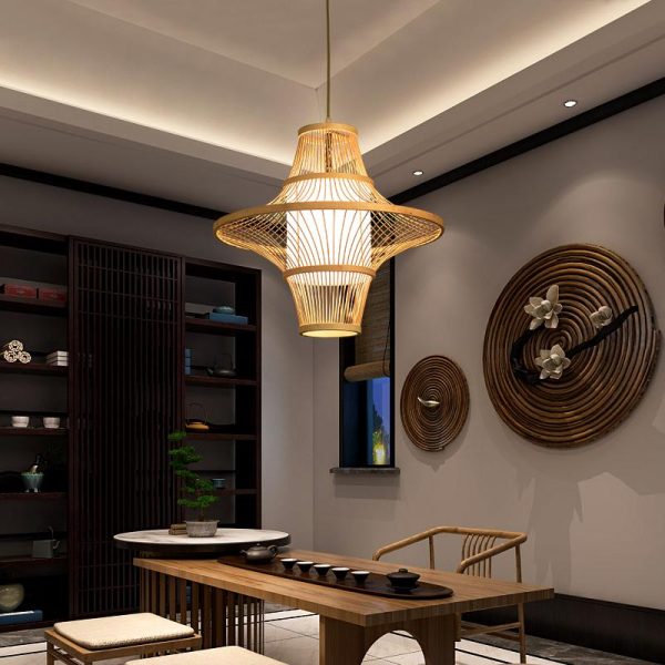 Two Cones Burlywood Colored Farmhouse Pendant Lighting Bamboo Pendant Light - Image 4