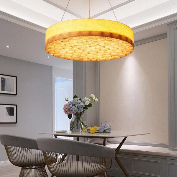 24'' Large Burlywood Drum Light Pendant Wood Living Room Pendant Lighting - Image 2