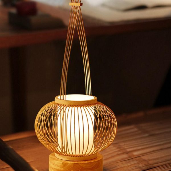 Rustic Woven Bamboo Table Lamp with Cylinder LED Light & USB Port - Image 2