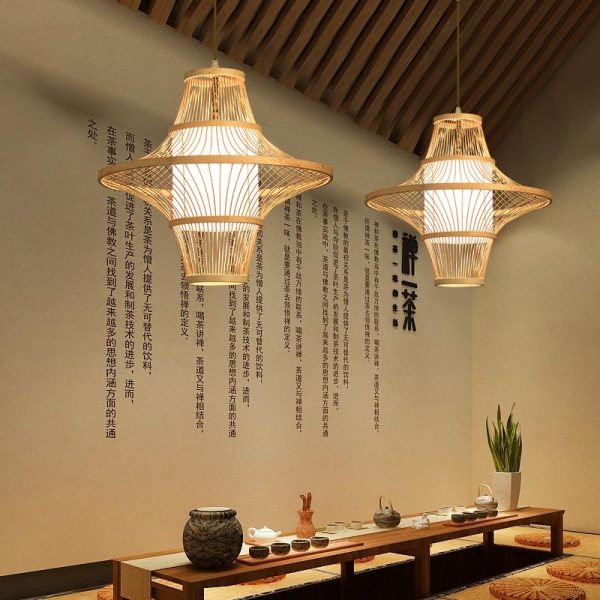 Two Cones Burlywood Colored Farmhouse Pendant Lighting Bamboo Pendant Light - Image 5