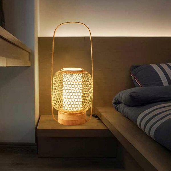 Rustic Woven Bamboo Table Lamp with Cylinder LED Light & USB Port - Image 3