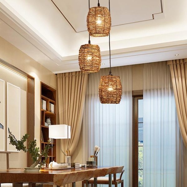 3 Piece Set of Transparent Burlywood Wicker Pendant Light Living Room Light - Image 4