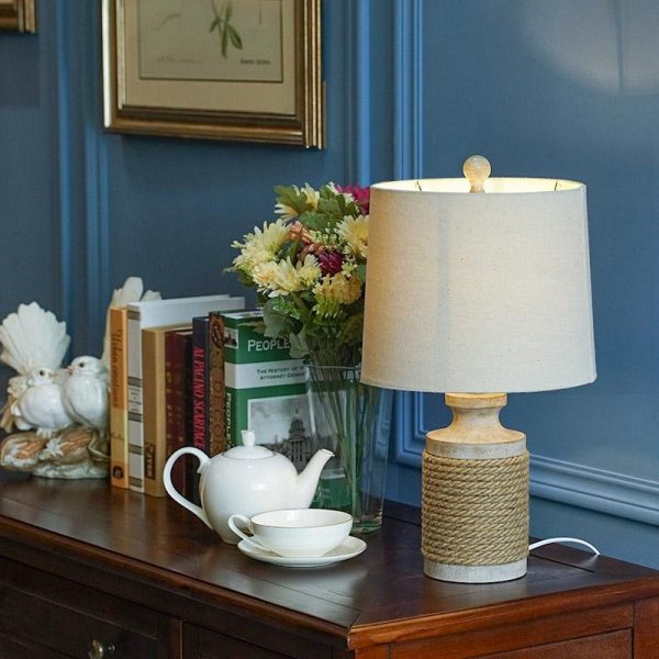 Rustic Oatmeal Fabric Shade Rope Stone Table Lamp - Image 4