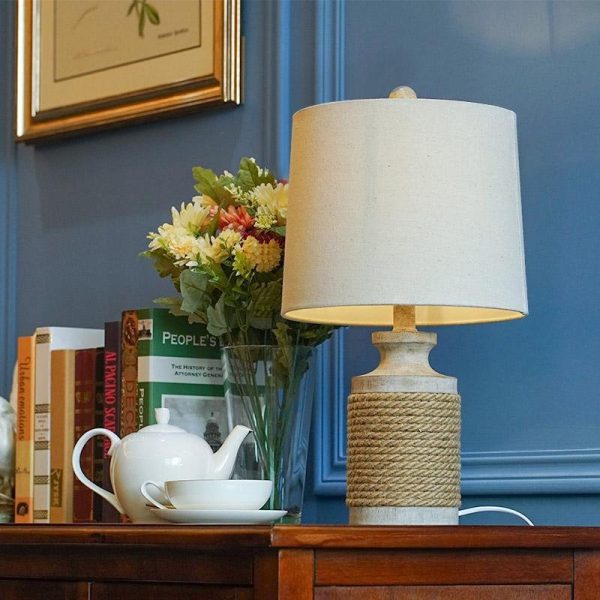 Rustic Oatmeal Fabric Shade Rope Stone Table Lamp - Image 5