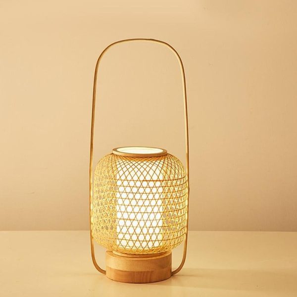 Rustic Woven Bamboo Table Lamp with Cylinder LED Light & USB Port - Image 5