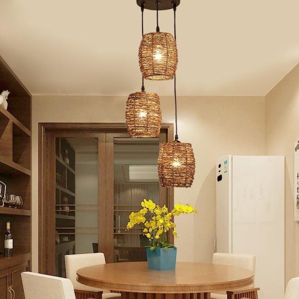 3 Piece Set of Transparent Burlywood Wicker Pendant Light Living Room Light - Image 5