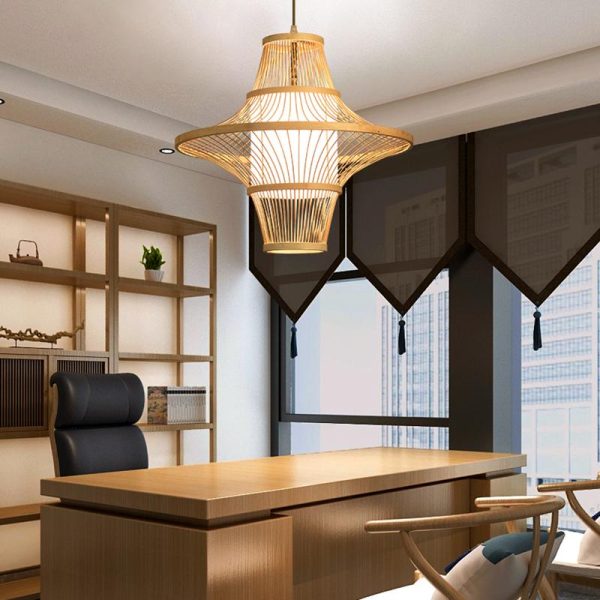 Two Cones Burlywood Colored Farmhouse Pendant Lighting Bamboo Pendant Light - Image 6