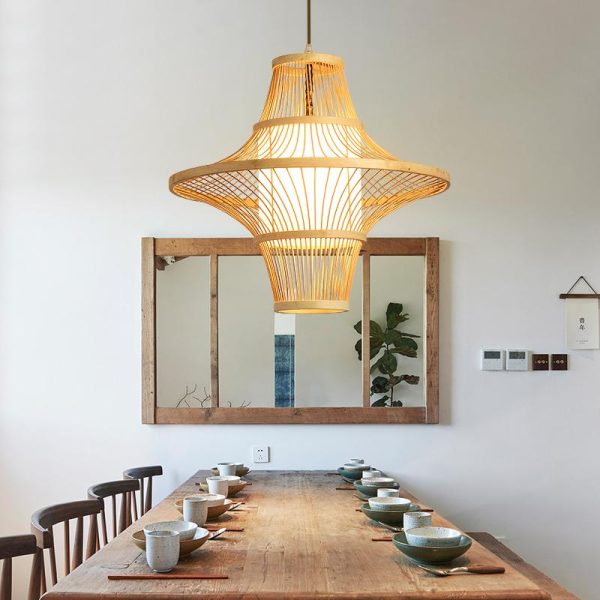 Two Cones Burlywood Colored Farmhouse Pendant Lighting Bamboo Pendant Light - Image 7
