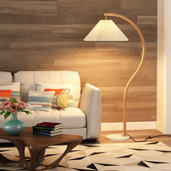 Japanese Minimalist Pleated Fabric Curved Iron 1-Light Standing Floor Lamp - Image 2
