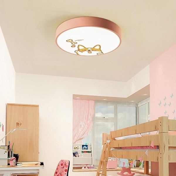 Circular Dog Image Flush Mount Drum Light LED Metal Bedroom Ceiling Light for Baby Kids - Image 7