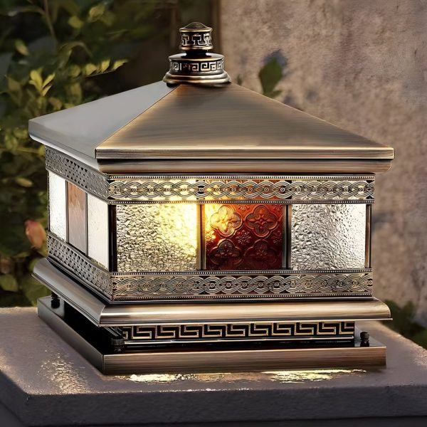 European Square Hardwired/Solar Copper Outdoor Column Light with Glass Shade - Bronze - Image 2