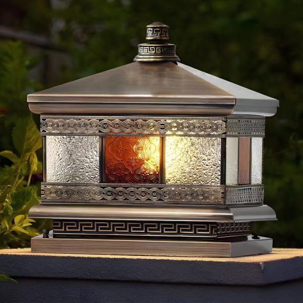 European Square Hardwired/Solar Copper Outdoor Column Light with Glass Shade - Bronze - Image 4