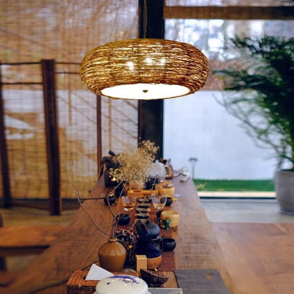 Flat Peach Shaped Wicker Pendant Light Farmhouse Burlywood Ceiling Light - Image 4
