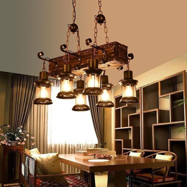 6 Lantern Farmhouse Chandelier Wood Chandeliers Ceiling Light - Image 2