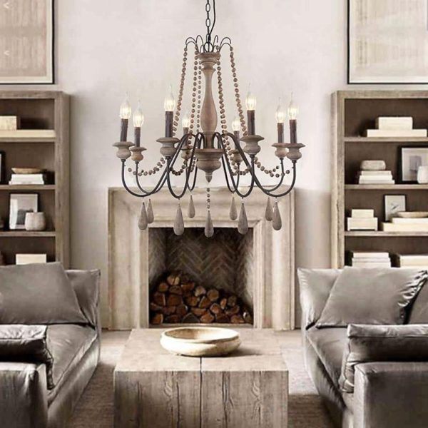Rustic Farmhouse Wood Bead Chandelier with Teardrops Candle-Style Lights - Image 2