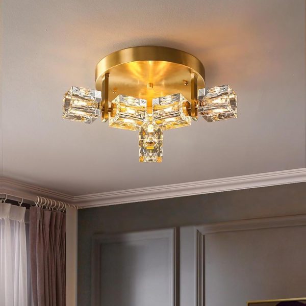 6 Light Unique Crystal Brass Flush Mount Light LED Ceiling Light - Image 3