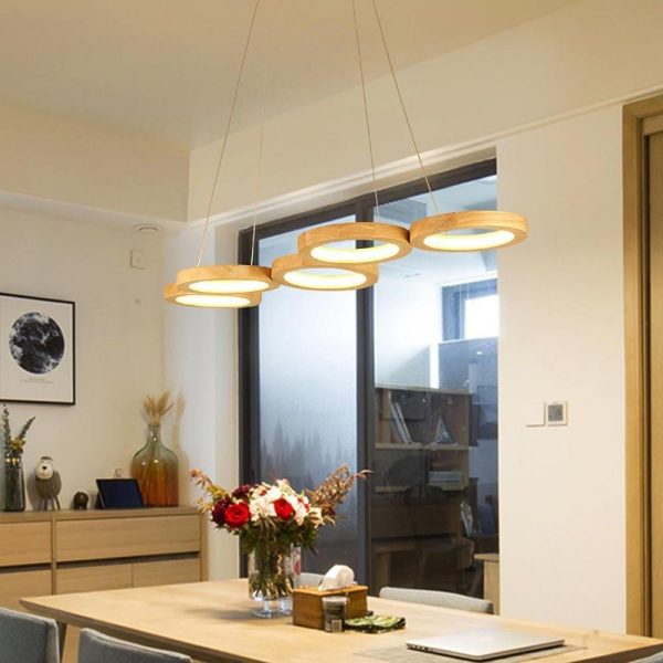 Rustic 4 Circles Wood LED Modern Pendant Lighting Chandeliers Island Lights - Image 3