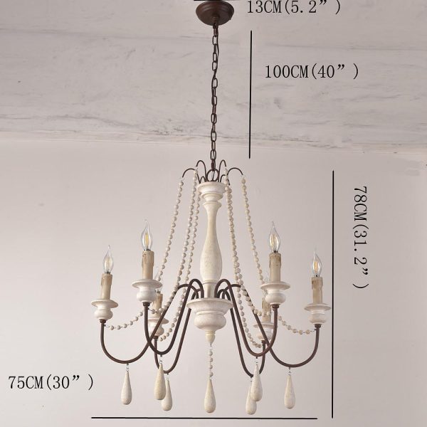 Rustic Farmhouse Wood Bead Chandelier with Teardrops Candle-Style Lights - Image 6