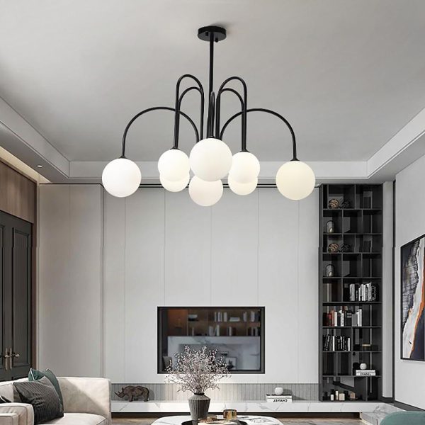 Sputnik Multi-light White Ball Glass Shade Pendant Lights Gold/Black Curved Linear Chandelier - Image 2