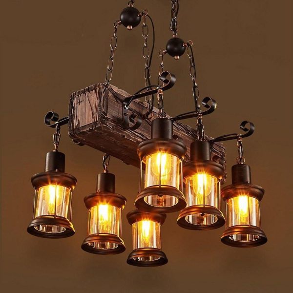 6 Lantern Farmhouse Chandelier Wood Chandeliers Ceiling Light - Image 3