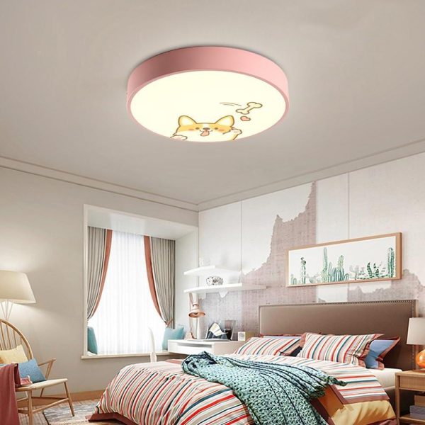 Circular Dog Image Flush Mount Drum Light LED Metal Bedroom Ceiling Light for Baby Kids - Image 5