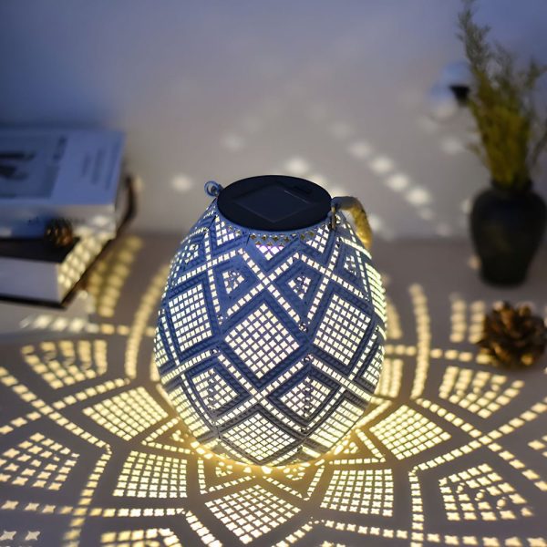 Moroccan Portable & Hanging White Solar LED Outdoor Patterned Lantern - Image 3