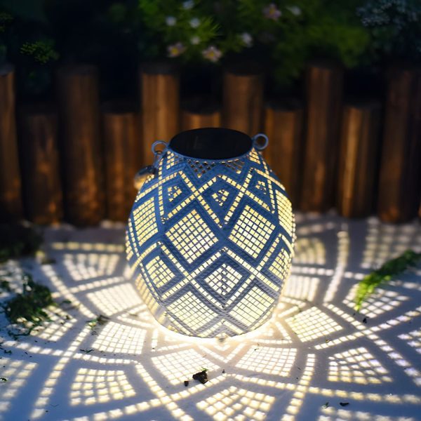 Moroccan Portable & Hanging White Solar LED Outdoor Patterned Lantern - Image 2