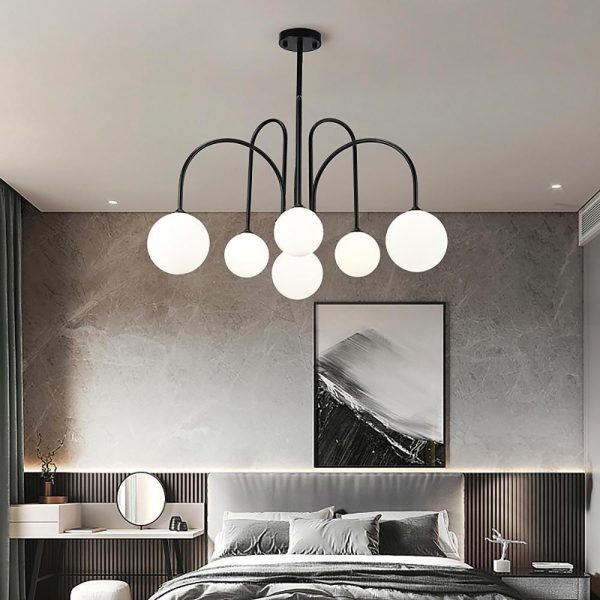 Sputnik Multi-light White Ball Glass Shade Pendant Lights Gold/Black Curved Linear Chandelier - Image 3