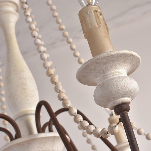 Rustic Farmhouse Wood Bead Chandelier with Teardrops Candle-Style Lights - Image 9