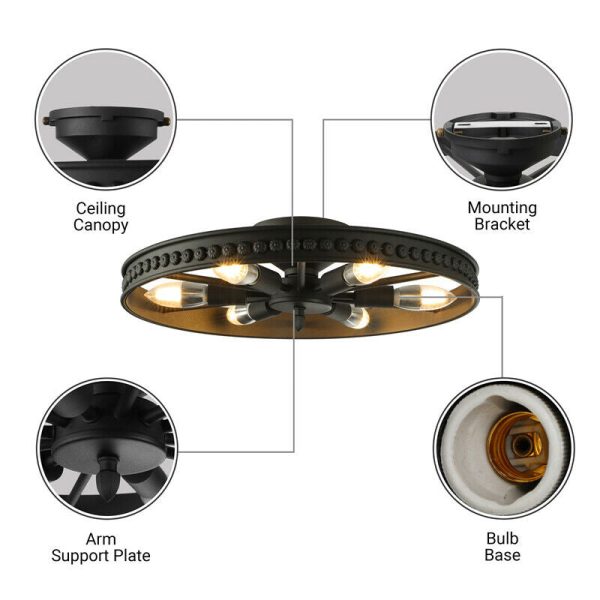 Industrial Wrought Iron Wheel 6-Light Flush Mount Lighting - Image 5