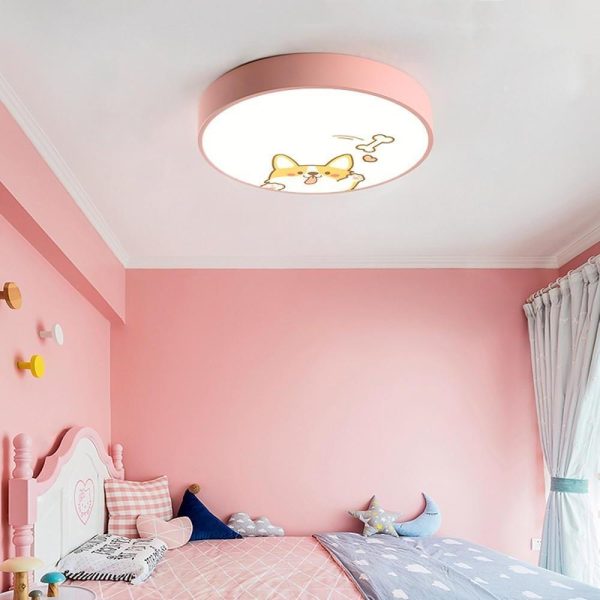 Circular Dog Image Flush Mount Drum Light LED Metal Bedroom Ceiling Light for Baby Kids - Image 6