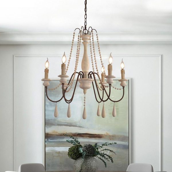 Rustic Farmhouse Wood Bead Chandelier with Teardrops Candle-Style Lights - Image 3