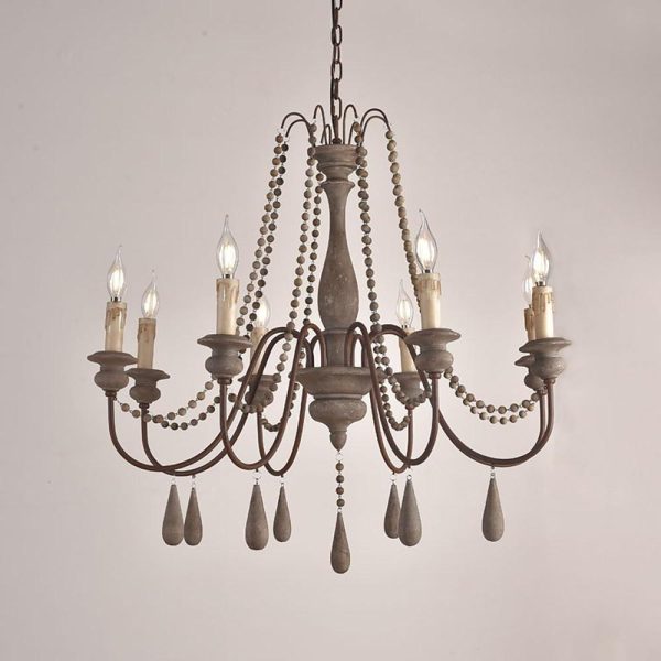 Rustic Farmhouse Wood Bead Chandelier with Teardrops Candle-Style Lights - Image 4