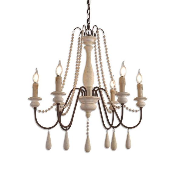Rustic Farmhouse Wood Bead Chandelier with Teardrops Candle-Style Lights - Image 7