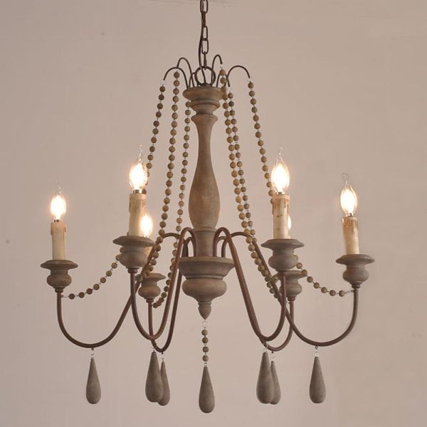 Rustic Farmhouse Wood Bead Chandelier with Teardrops Candle-Style Lights - Image 5