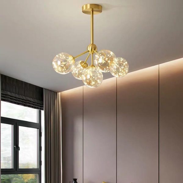 5 Globe Glass Brass Flush Mount Ceiling Light Ornate LED Ceiling Light - Image 2