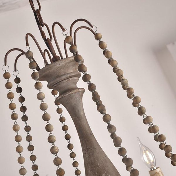 Rustic Farmhouse Wood Bead Chandelier with Teardrops Candle-Style Lights - Image 8