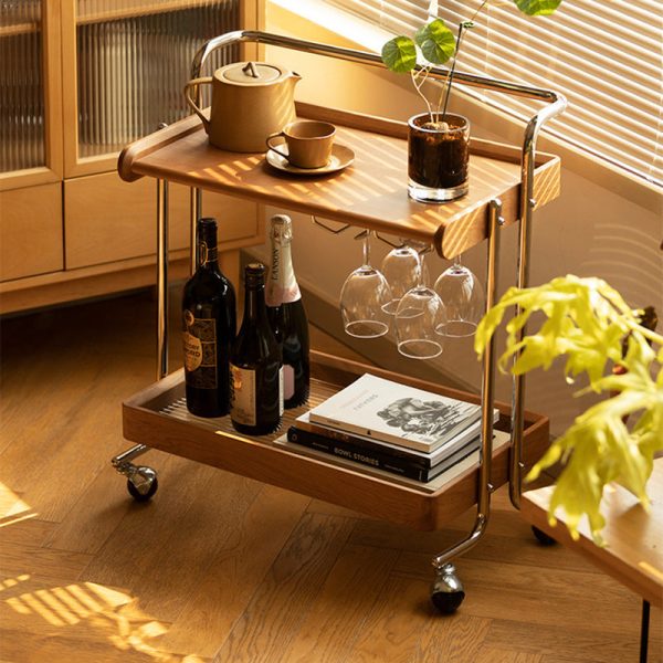 Traditional Vintage Rectangular Solid Wood Stainless Steel Side Table 2-Tier For Living Room - Image 2