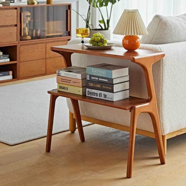 Contemporary Retro Rectangular Beech Rubber Wood Side Table 2-Tier For Living Room - Image 9