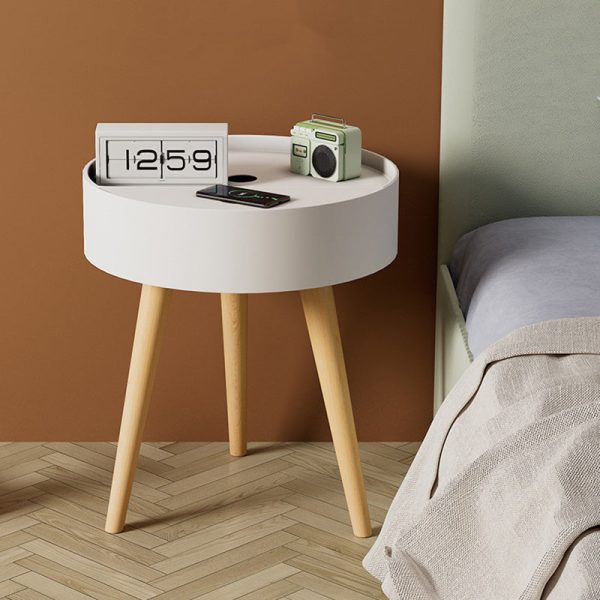 Modern Minimalist Round PP Wood Nightstand Mobile Phone Wireless Charging 1-Storage For Bedside - Image 3