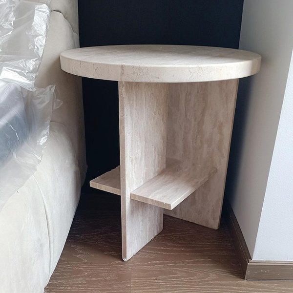 Contemporary Nordic Round Crossed Base Travertine Chrysoprase Side Table 2-Shelf For Bedside - Image 11