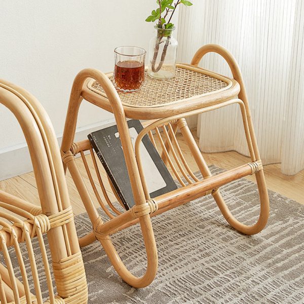 Traditional Japanese Weaving Rectangular Rattan Glass Side Table 2-Tier For Living Room - Image 15