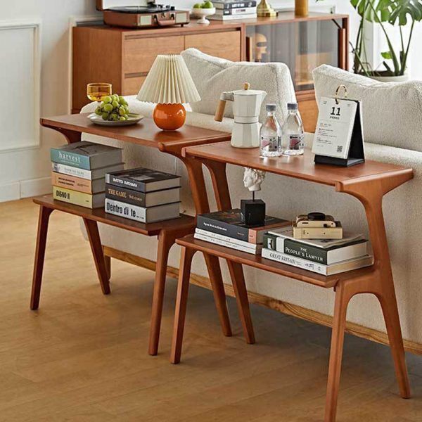 Contemporary Retro Rectangular Beech Rubber Wood Side Table 2-Tier For Living Room - Image 10
