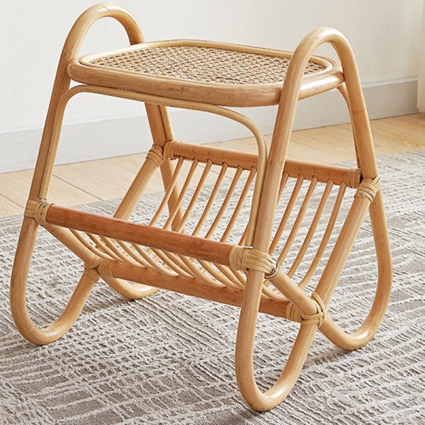 Traditional Japanese Weaving Rectangular Rattan Glass Side Table 2-Tier For Living Room - Image 14