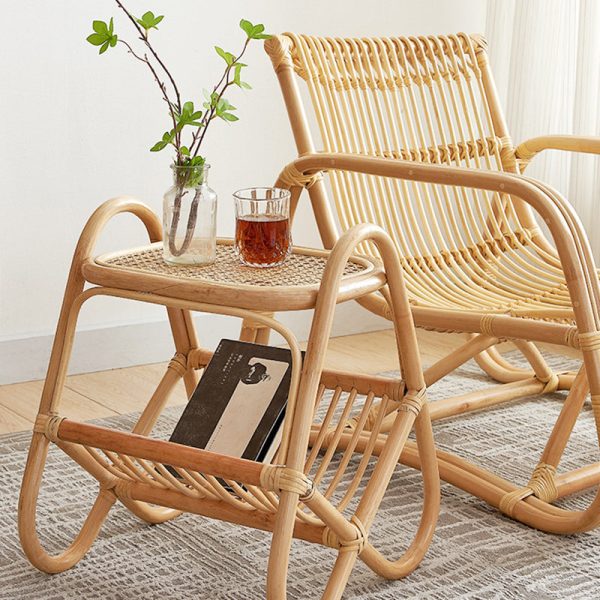 Traditional Japanese Weaving Rectangular Rattan Glass Side Table 2-Tier For Living Room - Image 16